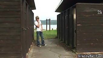 Old Man Takes Blonde Granny For A Wild Ride In Public Restroom
